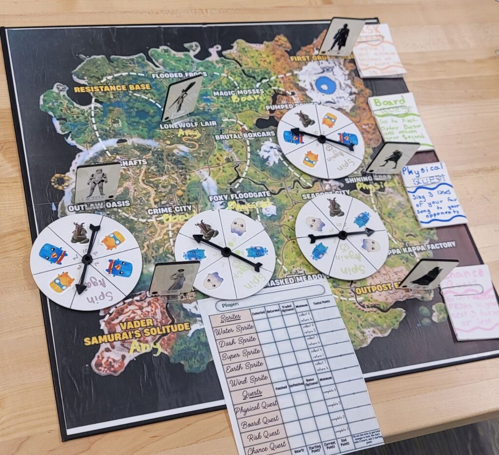 Board game with several spinners and instructions on the right hand side