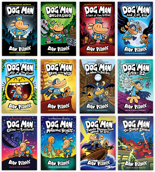 A collaged picture featuring the Dog Man Series by Dav Pilkey