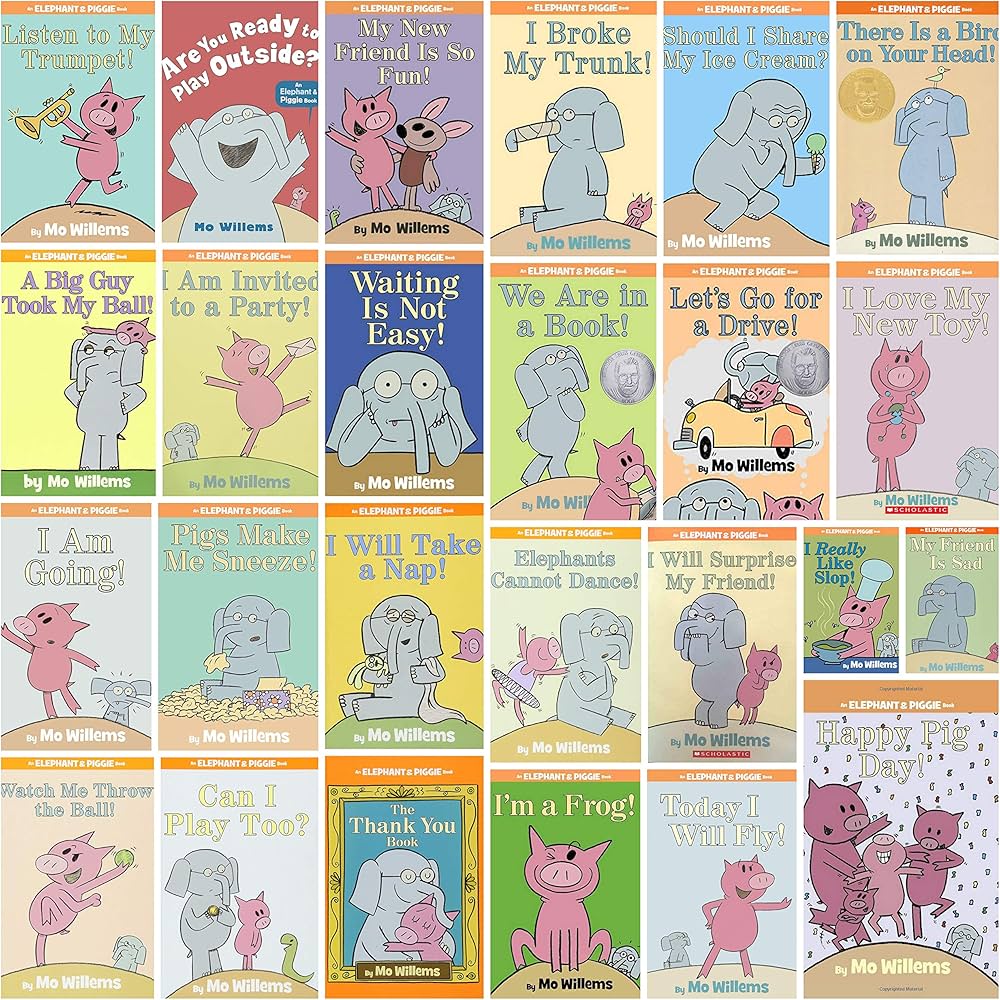 A collaged picture featuring the Elephant and Piggie Series by Mo Willems