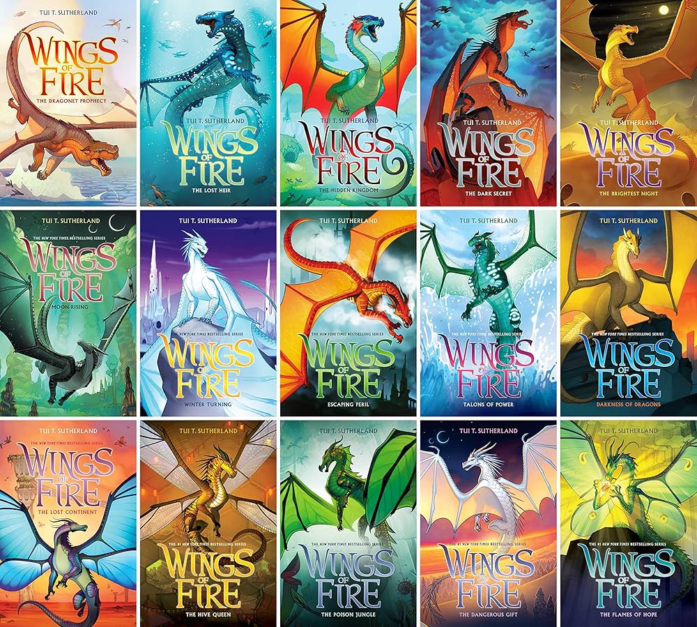 A collaged picture featuring the Wings of Fire book Series by Tui Sutherland